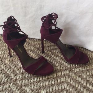 Stuart Weitzman bordeaux suede strappy heels.